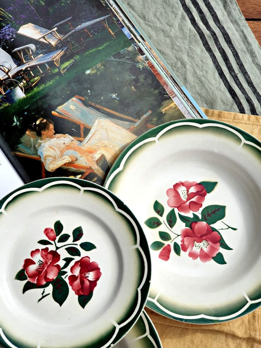 Picture of a vintage dessert plate and deep plate from digoin sarreguemines green edge 'mireille' series