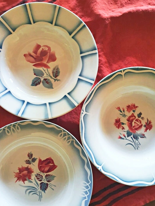 picture of three different blue edge and red flowers print digoin sarreguemines deep plates