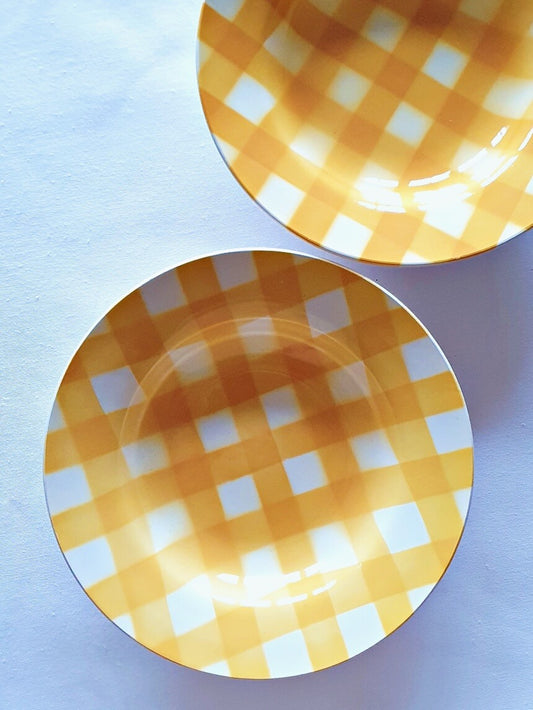 picture of french vintage yellow check deep plate from digoin sarreguemines 'ecossais' series