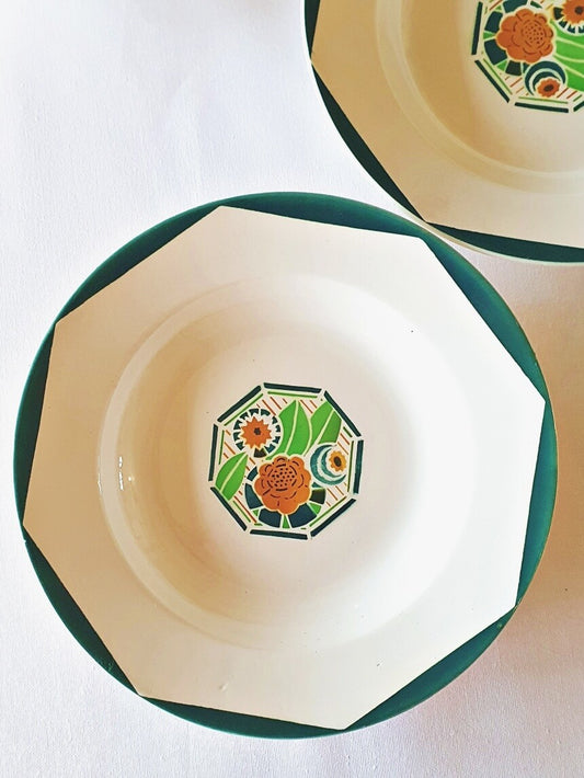 icture of a french vintage green deep plate , 'oxford' series from Digoin-Sarreguemines