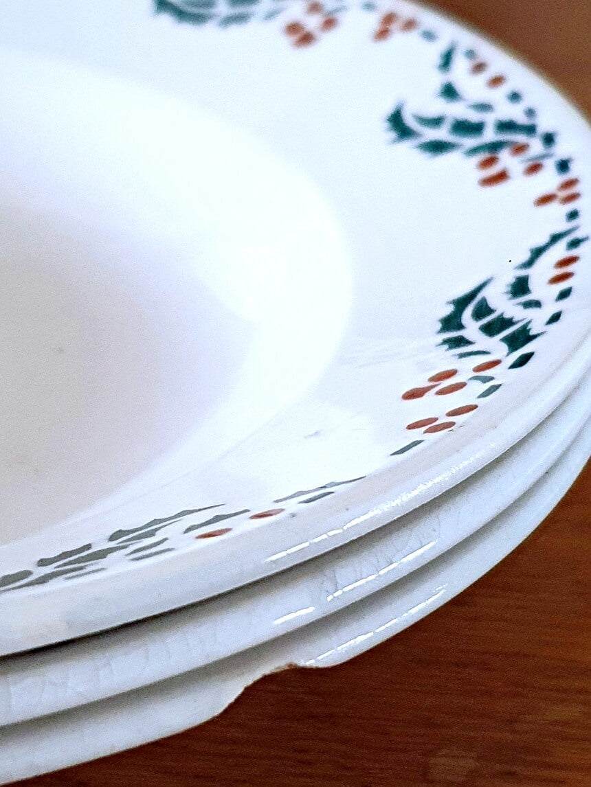 Set of 3, Lunéville Houx, holly leaves vintage deep plate, earthenware