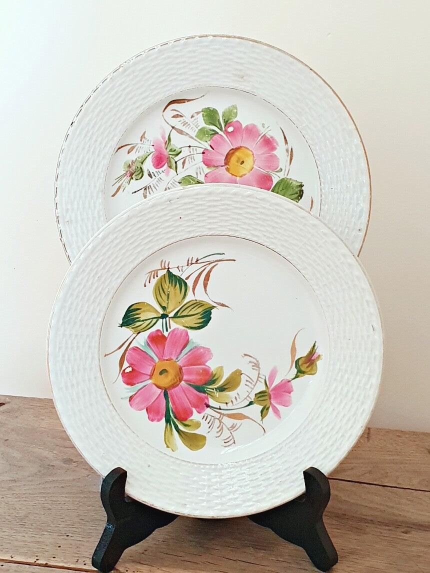 picture of two vintage dessert plate with pink cosmos print