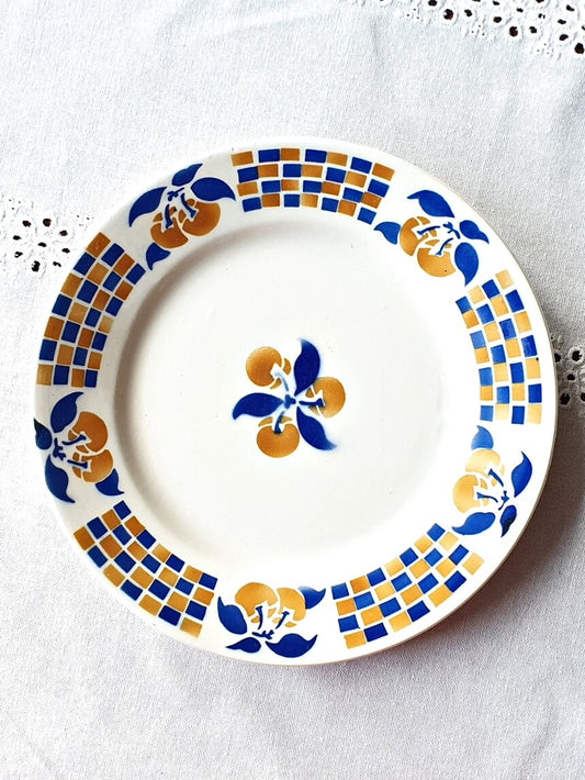 picture of a fruit pattern orange and blue colors french vintage dessert plate from badonviller, 'Beauvais' series