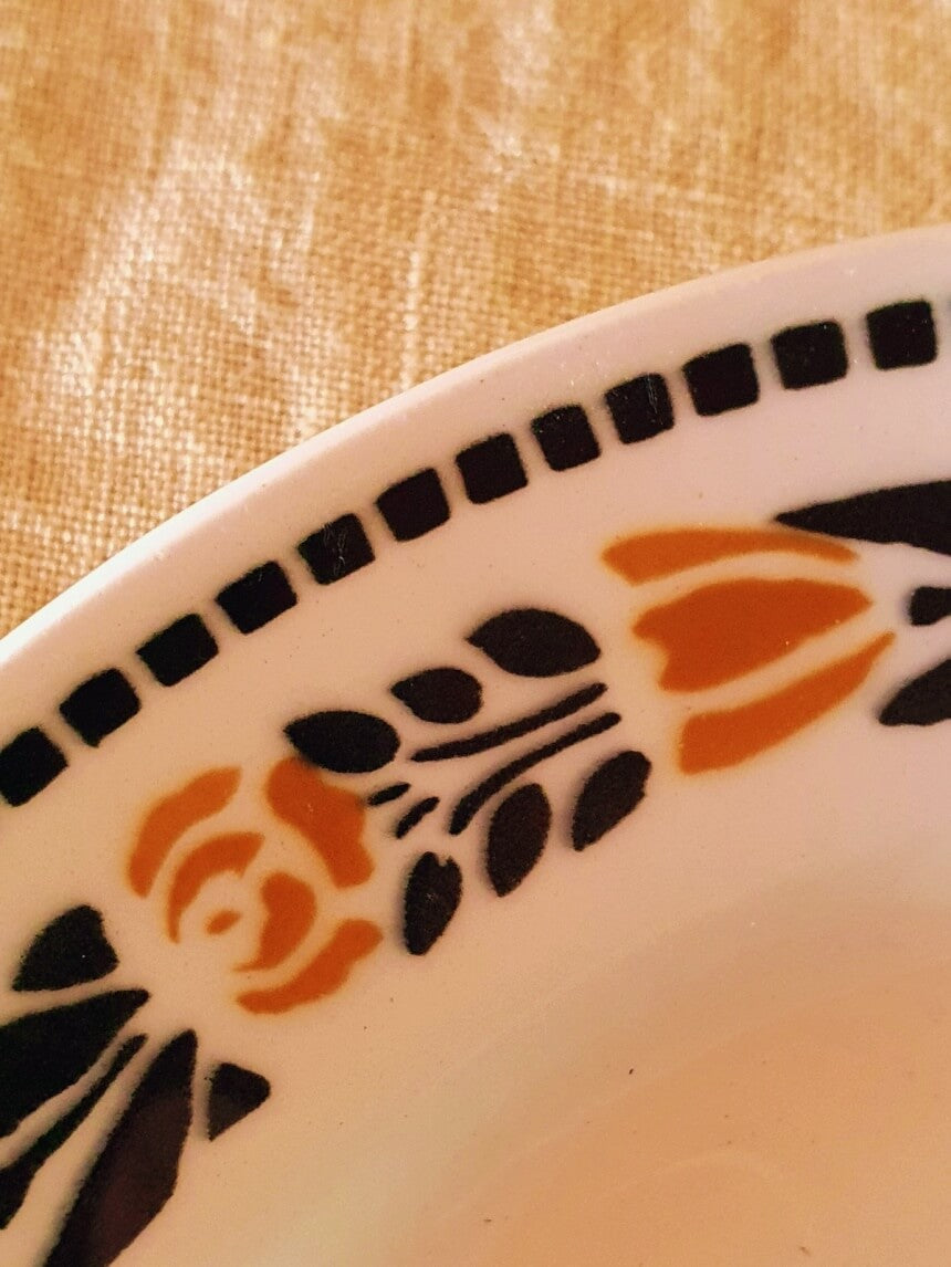 picture of small black dots and orange tulip and rose on a plate