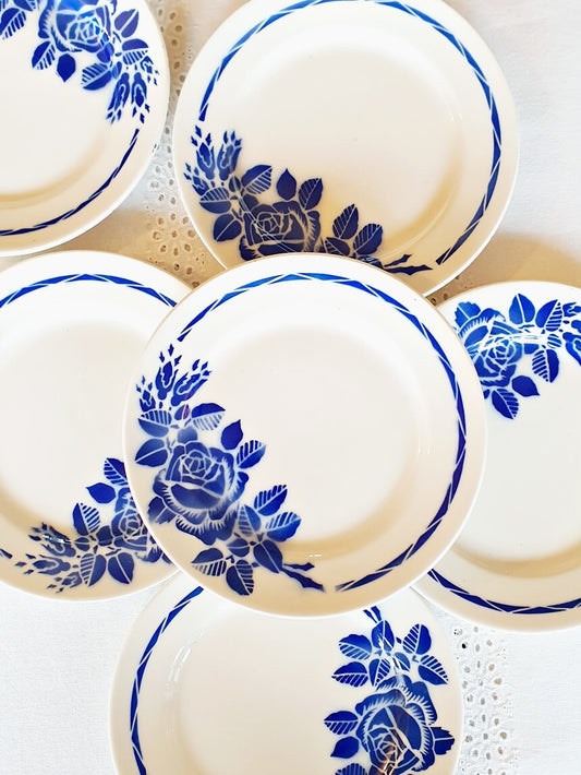 picture of vivid blue rose vintage dessert plates from badonviller France