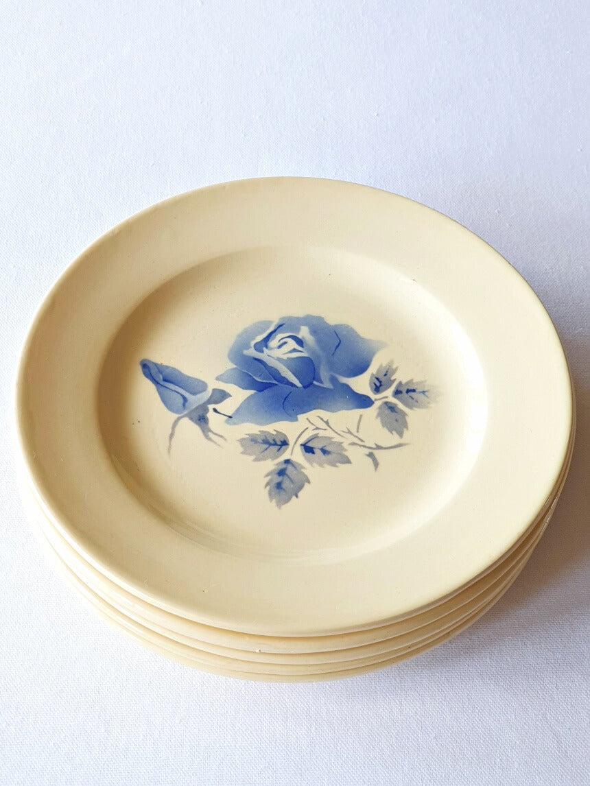 picture of french vintage digoin plate with blue roses on the white kitchen cloth