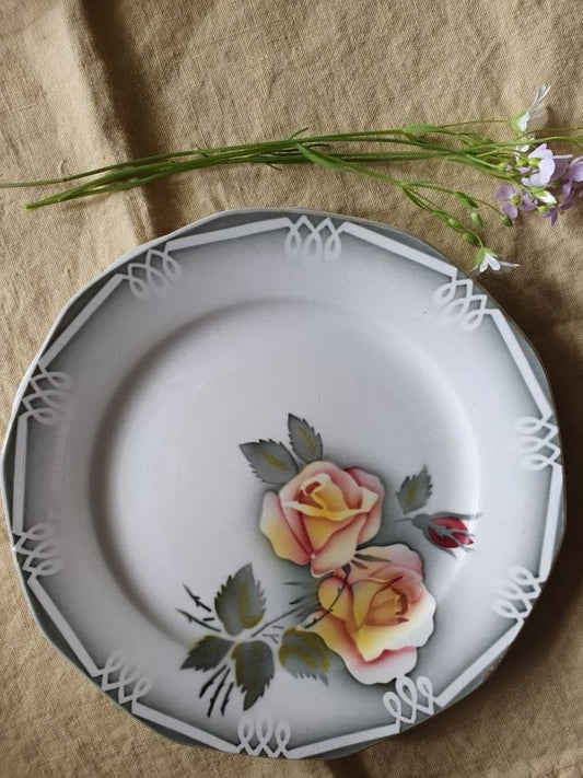 photo of digoin sarreguemines odile gray edge and yellow rose print dessert plate