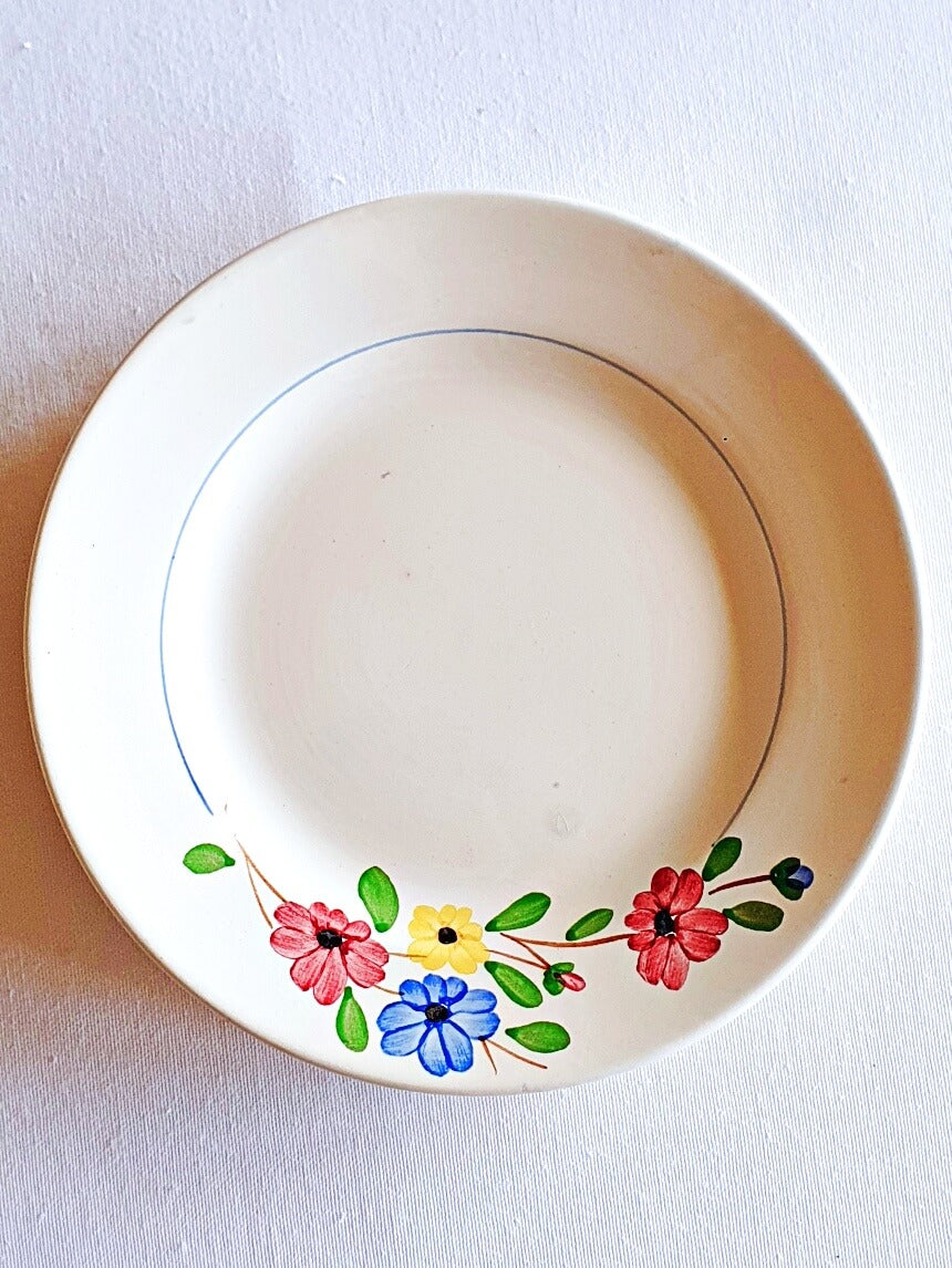 picture of vintage dessert plate with hand-painted colorful flowers, 'beausoleil' series from Digoin-Sarreguemines