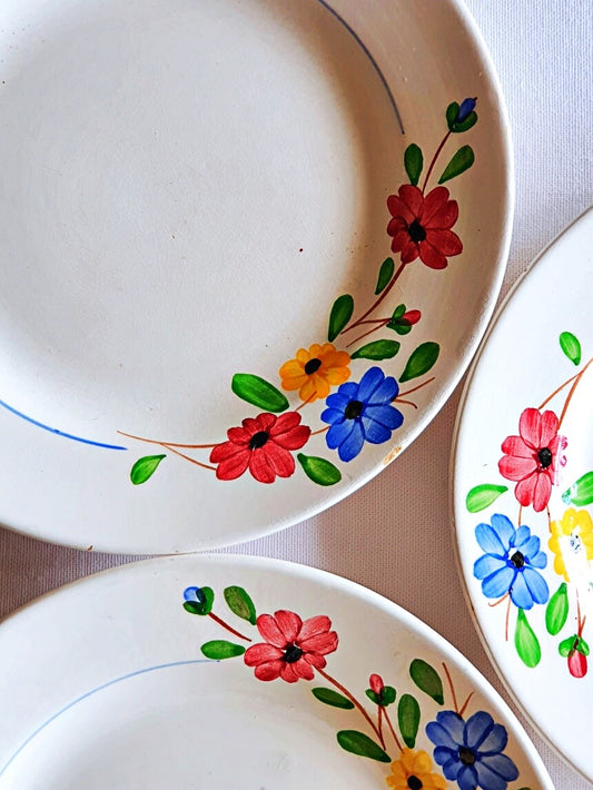 picture of vintage dessert plates with hand-painted colorful flowers, 'beausoleil' series from Digoin-Sarreguemines