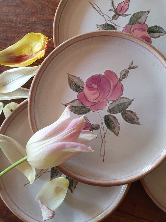picture of hand painted pink roses dessert plate from pornic, french traditional pottery company