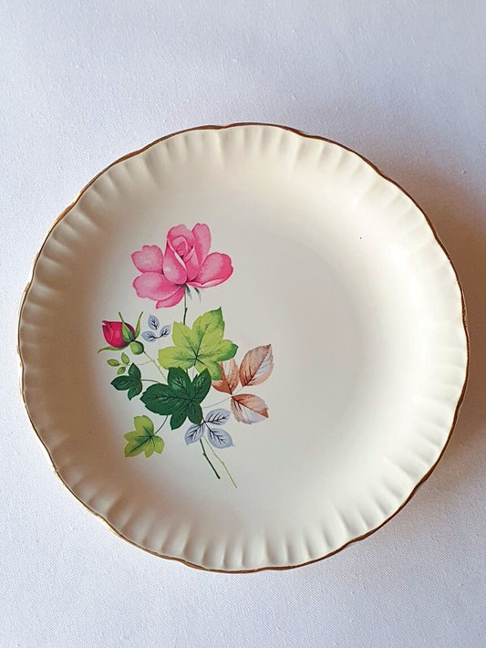 picture of pink rose print dinner plate with gold rim from Digoin Sarreguemines, french vintage earthenware