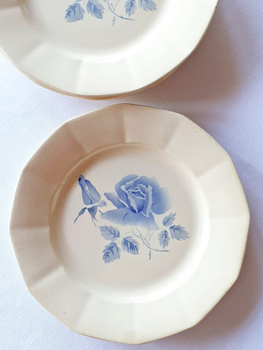 Picture of a vintage dinner plate with blue roses print from Digoin-Sarreguemines