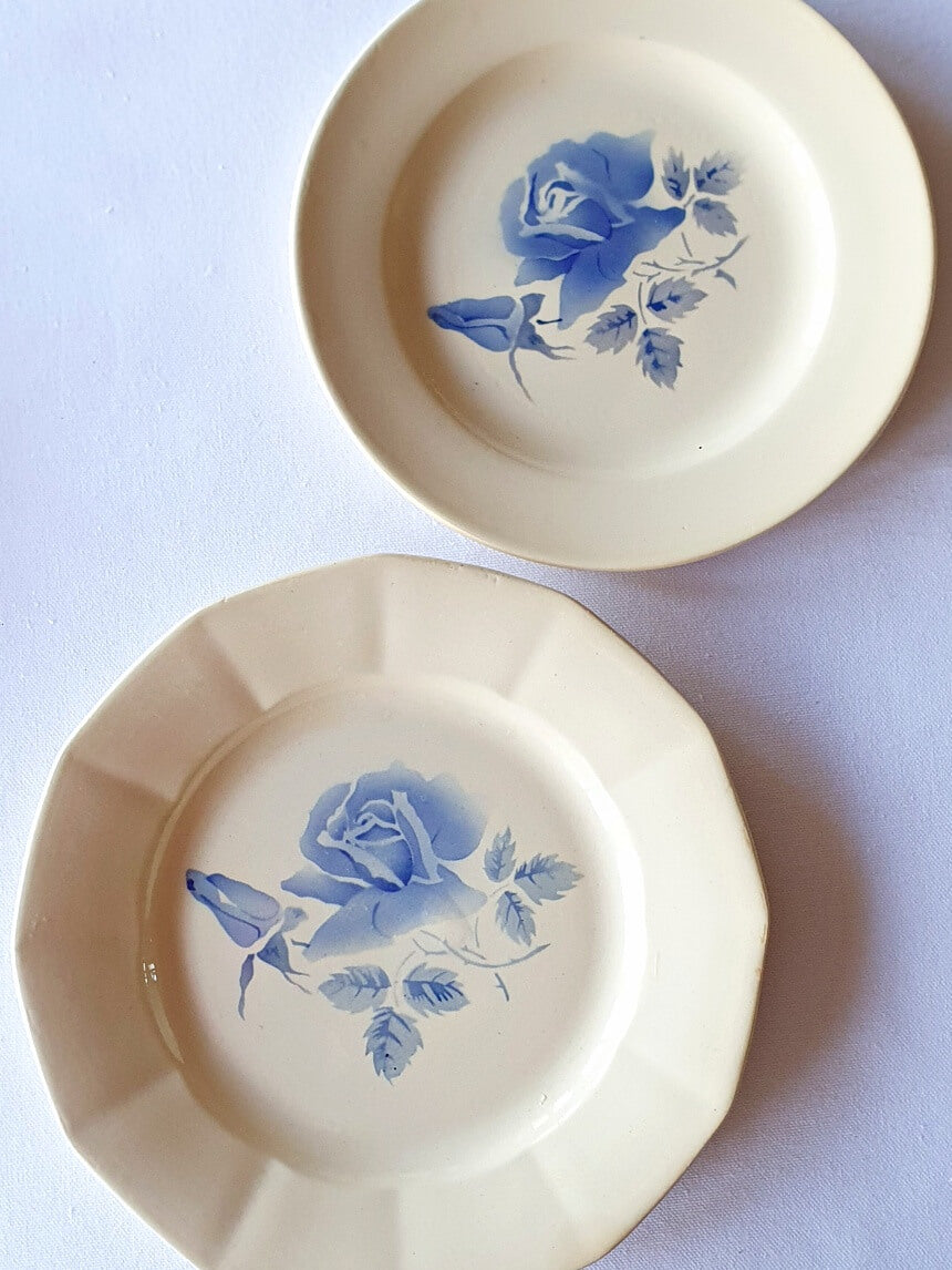 picture of a vintage dinner plate and a dessert round style vintage plate with blue roses from Digoin-Sarreguemines
