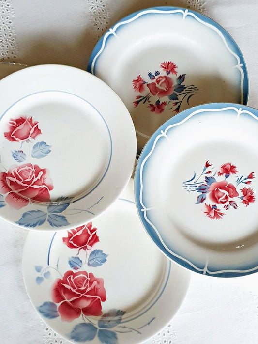 Set of 4 Digoin Blue, vintage dinner plates, earthenware