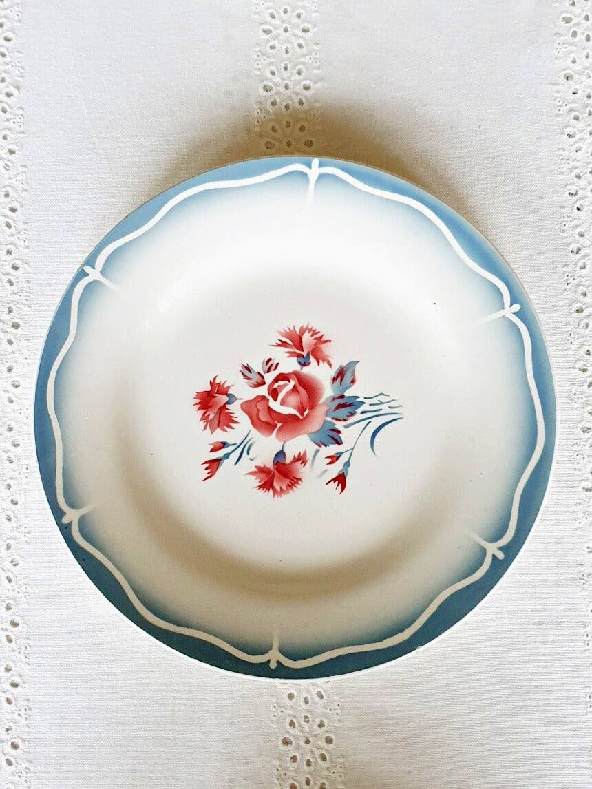 Set of 4 Digoin Blue, vintage dinner plates, earthenware