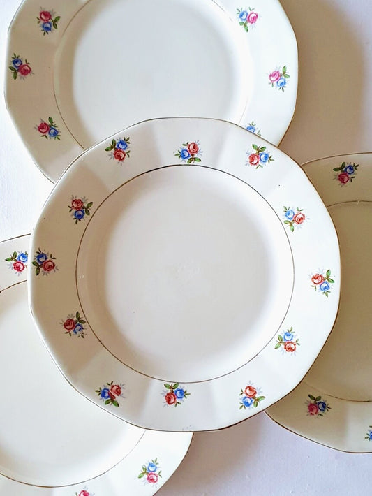 picture of flowers prints and gold rim edge dinner vintage plate from digoin Sarreguemines on white color kitchen cloth