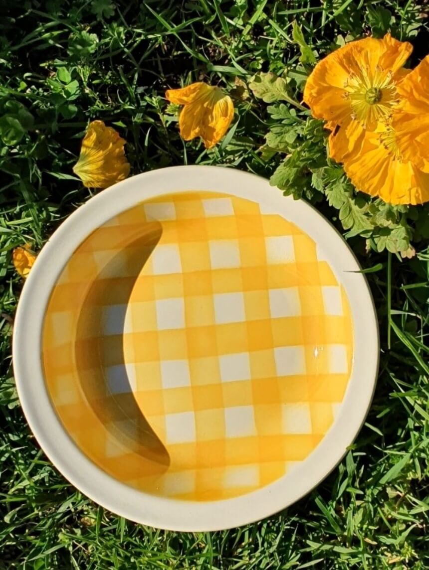 pictue of french vintage digoin sarreguemines yellow check 'ecossais' series main plate with yellow flowers
