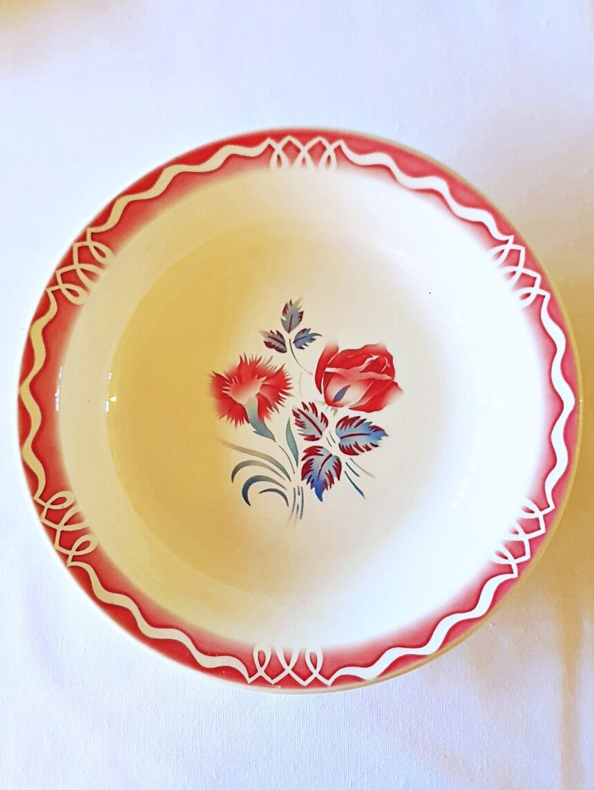 picture of red carnation and rose print french vintage main plate from digoin-sarreguemines