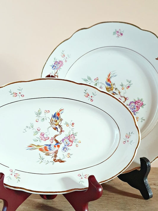 picture of a vintage pickle dish with birds illustration with same design round dish