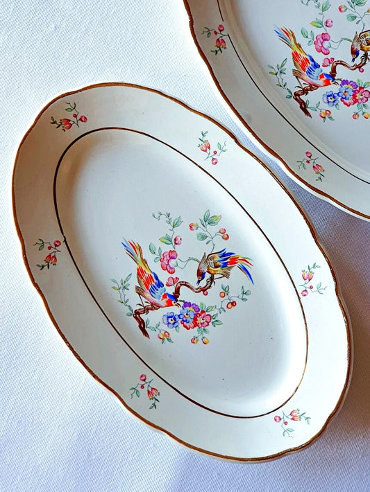 picture of french lunéville vintage pickle dish with birds and flowers print