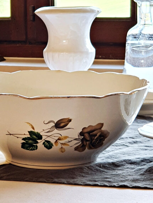 picture of digoin sarreguemines vintage salad bowl, 'verlaine' series with brown and golden roses from Digoin-Sarreguemines