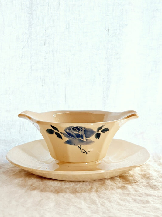 picture of digoin sarreguemines french vintage blue rose sauce boat with white linen background