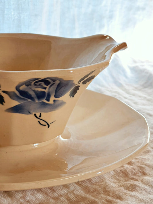 picture of digoin sarreguemines french vintage blue rose sauce boat 