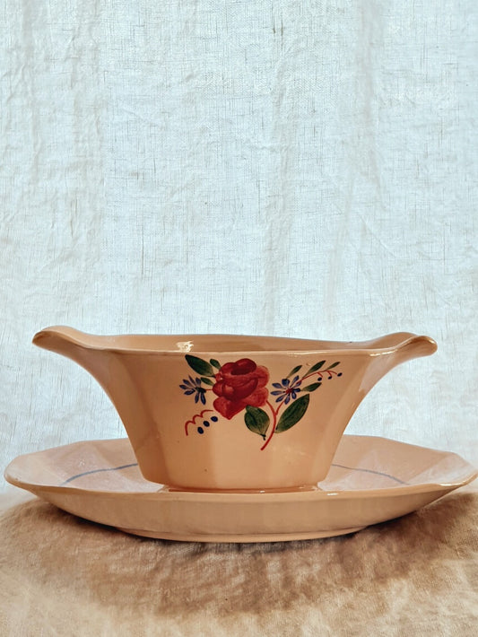 picture of pink based french vintage sauce boat with hand painted flowe from sarreguemines digoin