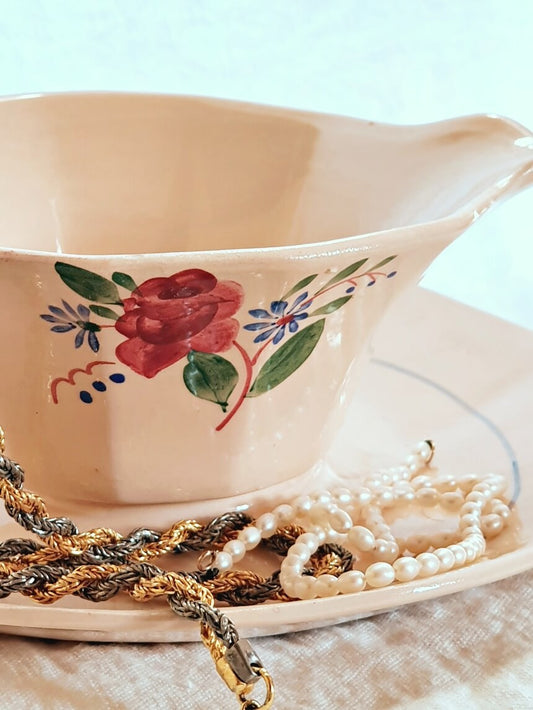 picture of pink based french vintage sauce boat with hand painted flower and pearls necklace accessoriess 