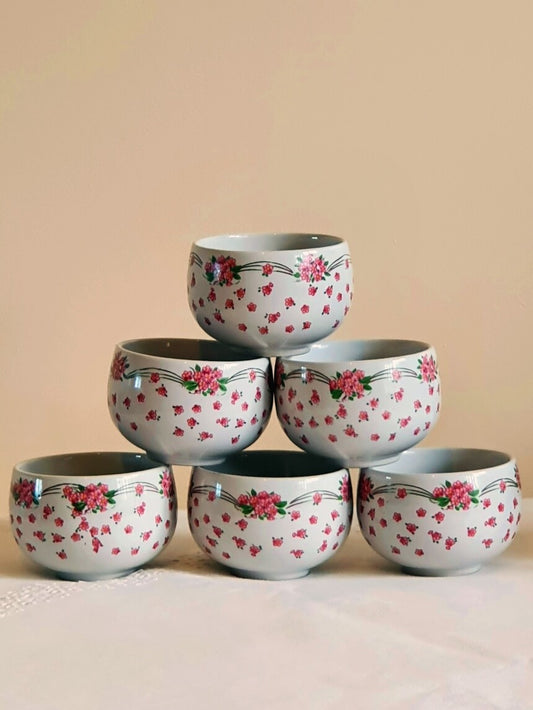 picture of six vintage pink flowers print tea cup without handle 