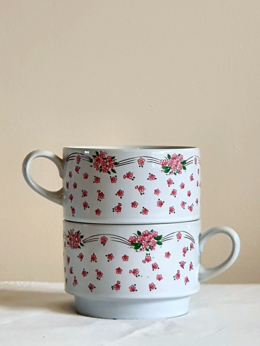 picture of two stacked pink flowers vintage mug with handle